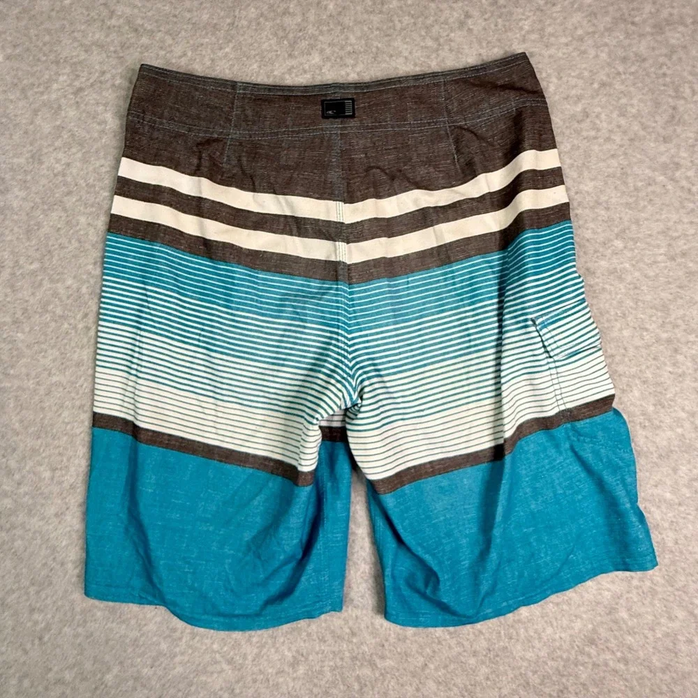 ONeill Mens Striped Board Shorts Blue Grey Size 31 Swim Trunks Cargo Pocket